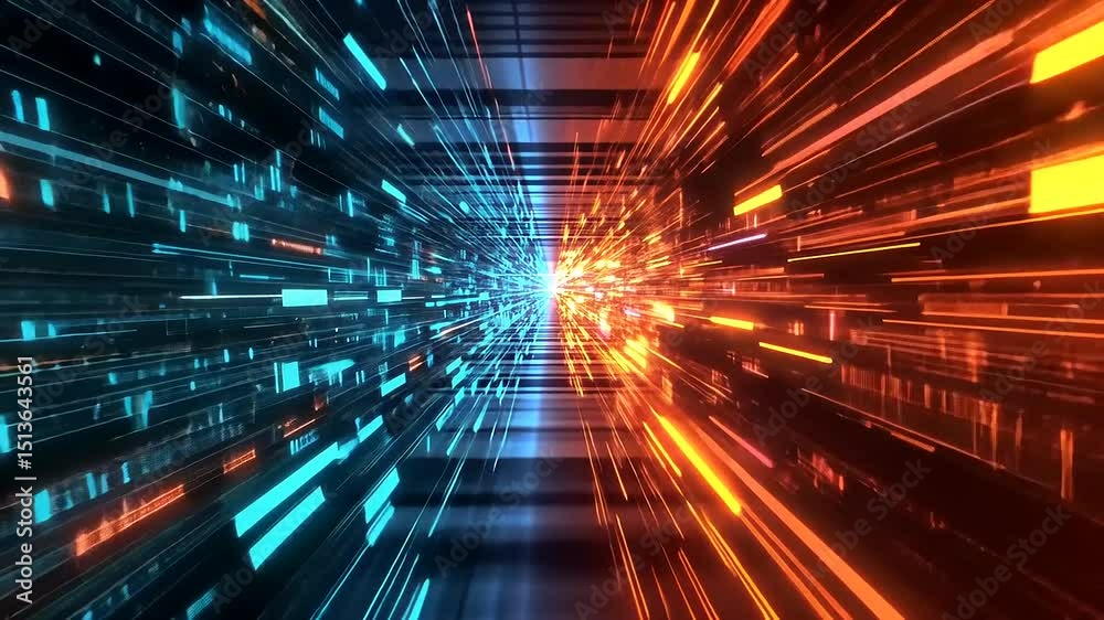 Abstract digital tunnel with vibrant blue and orange light streaks creating a sense of speed and motion Abstract digital tunnel with vibrant blue and orange light streaks creating a sense of speed and motion