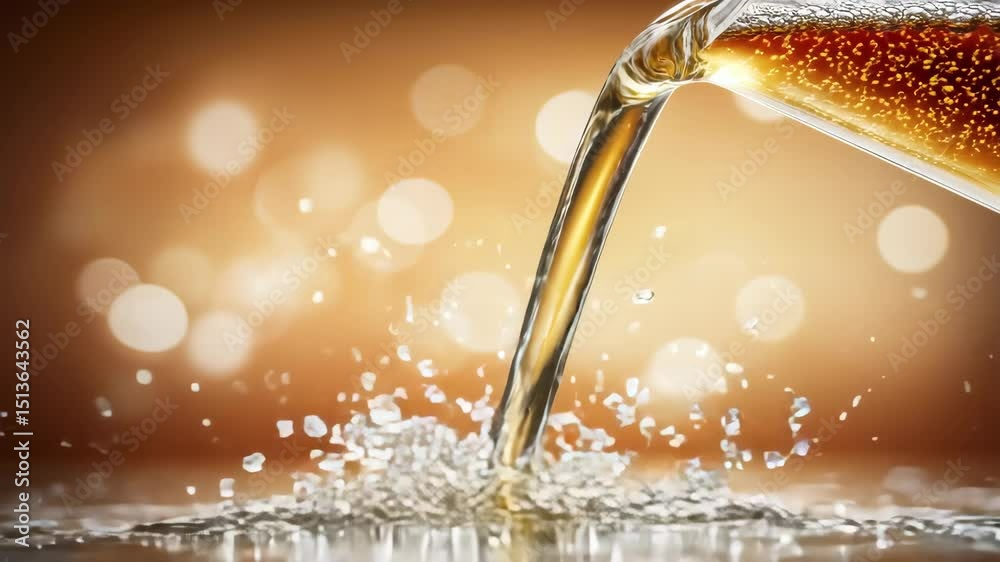 Pouring Amber Liquid Sparkling Beverage Close-Up