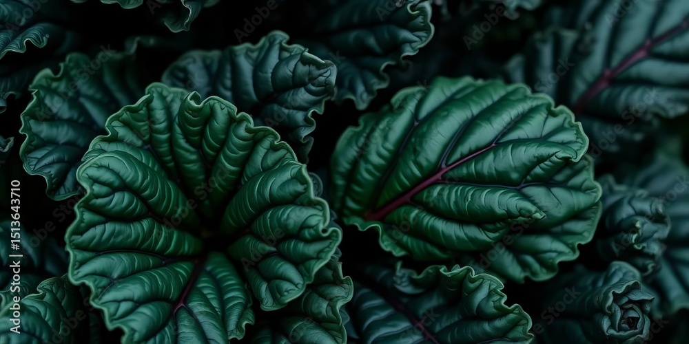 Obraz premium Intricate detail of dark green cavolo nero leaves, showcasing texture and vibrancy, healthy eating, gourmet