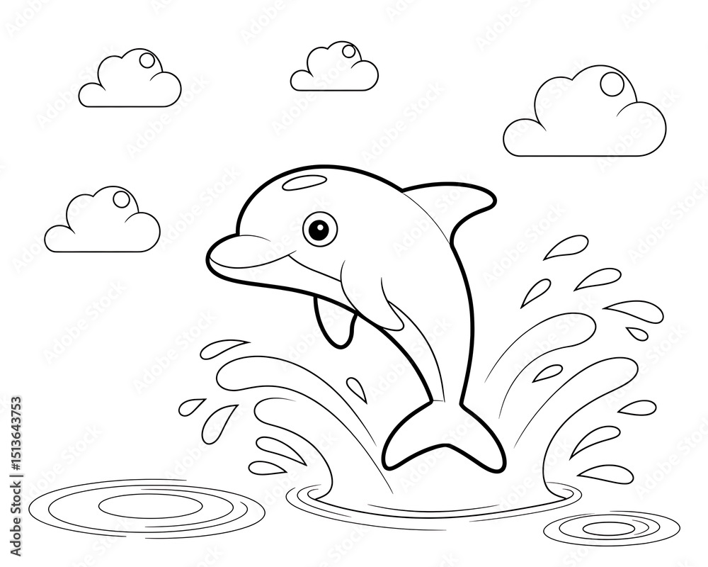 Obraz premium Playful dolphin jumping out of water with clouds in the background for a coloring page or children's illustration