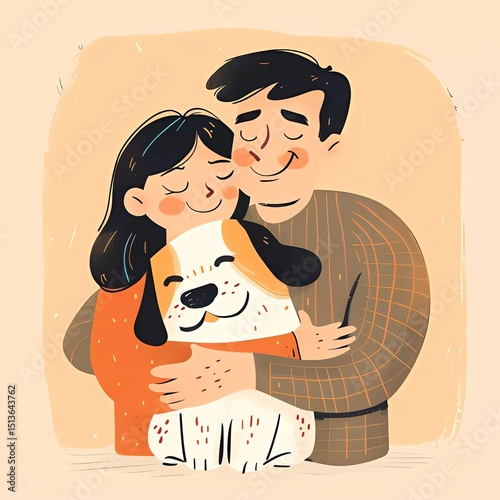 Couple with a dog. Man and woman hugging their pet. Boy and girl. Friendship, love for animals. Stylized cartoon illustration