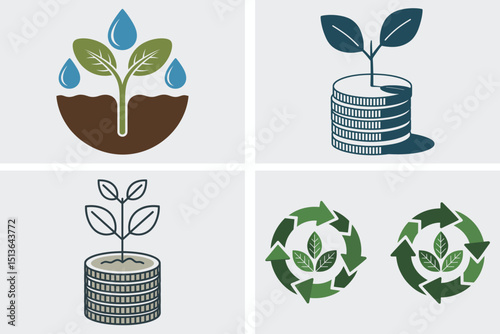 Green ecology icon set with plant, leaf, and tree symbols for nature and environment concepts