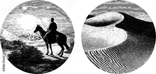 Engraved desert mirage with lone traveler on horseback