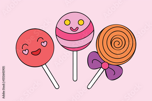 Hand-Drawn Sweet Lollipops and Candies Set on White Background
