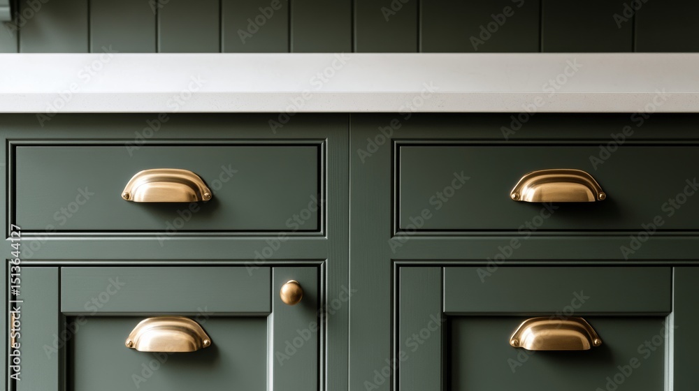 custom made wallpaper toronto digitalElegant dark green kitchen cabinet hardware with brass handles adorning modern cabinetry featuring white countertops and stylish design