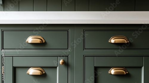 Elegant dark green kitchen cabinet hardware with brass handles adorning modern cabinetry featuring white countertops and stylish design
