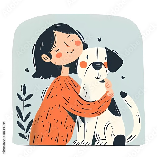 Woman with a dog. The owner girl hugs his pet. Friendship, love for animals. Stylized cartoon illustration
