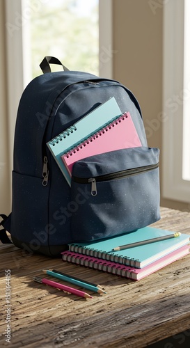 Open Backpack on School Desk with Notebooks