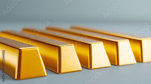 Five gleaming gold bars sit in a row providing ample copy space for text related to finance wealth investment or precious metals showcasing luxury and prosperity.