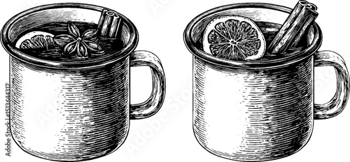 Engraved mug illustration set with mulled wine for holiday celebration design