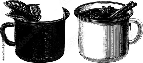 Vintage engraved illustration of mulled wine mugs with spices for festive design