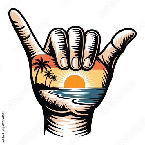 Woodcut Shaka Hand Sunset Vector