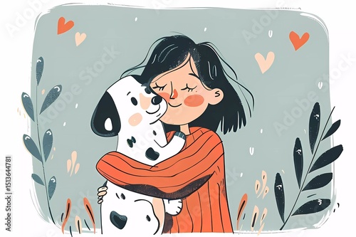 Woman with a dog. The owner girl hugs his pet. Friendship, love for animals. Stylized cartoon illustration