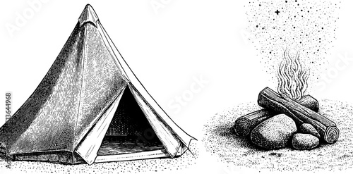 Rustic nomadic tent and campfire illustration for travel and adventure themes