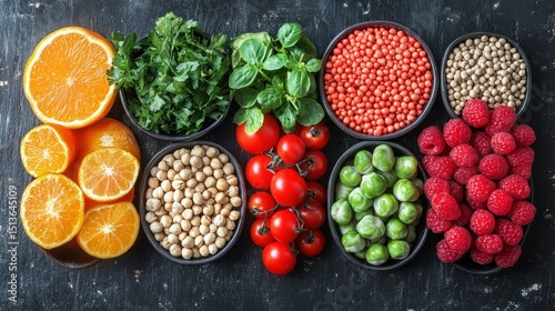 Healthy foods in bowls on dark surface