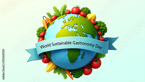 Graphic for world sustainable gastronomy day showcasing the earth with healthy produce and a banner, emphasizing sustainable eating and culinary practices