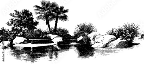 Engraved oasis pond scenery with palm trees and rocks for nature designs