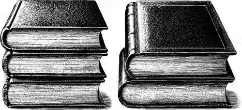 Vintage engraved illustration of old leather books set for antique design