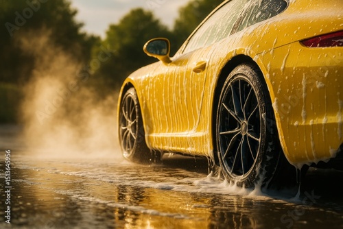 Yellow Sports Car Wash Cleaning Detailing Luxury Automobile Vehicle Soap Foam Water Shiny Bright Clean Drive Fast Speed Powerful Elegant Premium Yellow Car Wash Tire Road Blur Image Photo Style Wheels