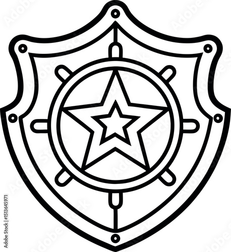 Sheriff badge coloring page for kids , Police Emblems Set, Bold line art, White Background