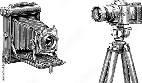 Vintage camera collection with bellows and stand - retro photography art