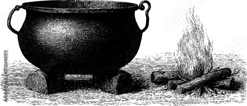 Vintage engraved illustration of old cauldron with firewood for historical and decorative use