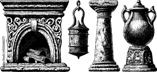 Antique fireplace and iron set engraving for historical decor design