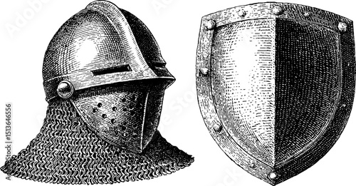Vintage engraved illustration of medieval helmet and shield design for historical art projects