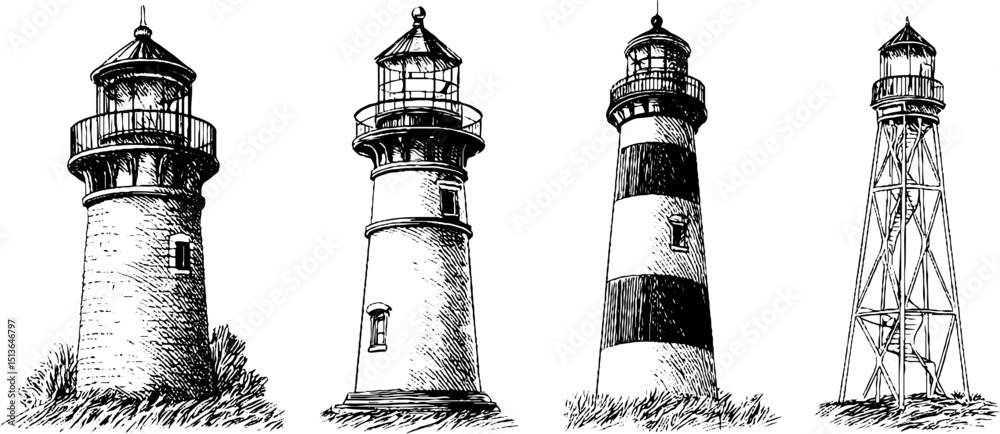 Obraz premium Vintage coastal navigation set: engraved illustrations of historic lighthouse designs