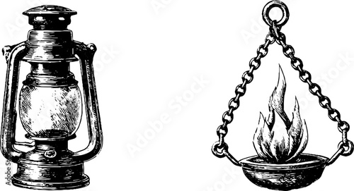 Vintage lantern and candle engravings - antique lighting design elements for decorative projects