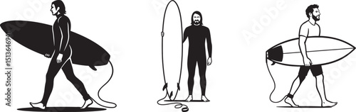 Minimalist surfers carrying boards artwork, Clean surfing scene black and white style