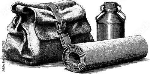 Vintage exploration theme with engraved old saddlebag and rolled mat illustration