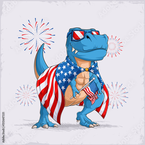 Blue funny t rex celebrating 4th of July, wearing  cape, sunglasses, holding American flag with fireworks, honoring memorial day