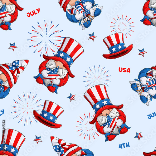 Hand drawn seamless pattern of cute gnome in 4th of July disguise, holding a star in American flag pattern with fireworks and stars