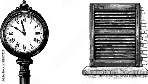 Vintage street elements: engraved clock and window shutter illustration set for graphic design