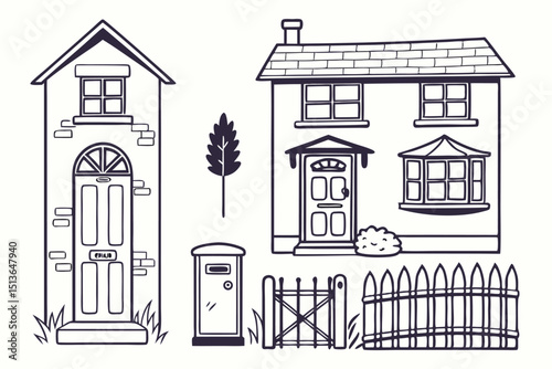 Blackline art doodles of property related objects eps