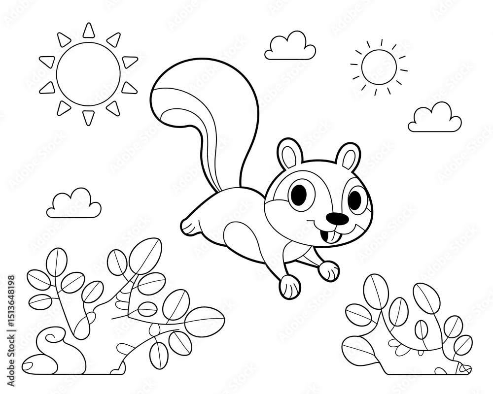 Fototapeta premium Cute playful squirrel in the sunshine with simple cloud outlines and leaves ready for coloring on a blank white background