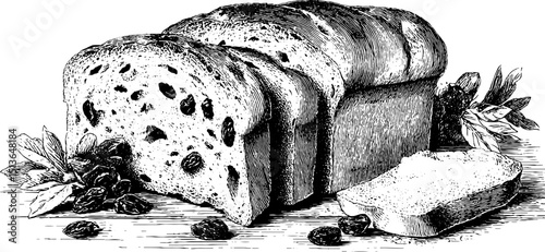 Traditional panettone bread illustration with slices and raisins - festive holiday concept