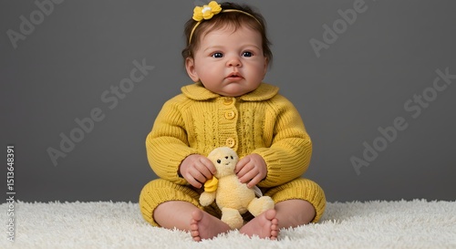 Reborn baby sitting with a curious expression, wearing yellow knitted clothes, holding a small plush toy