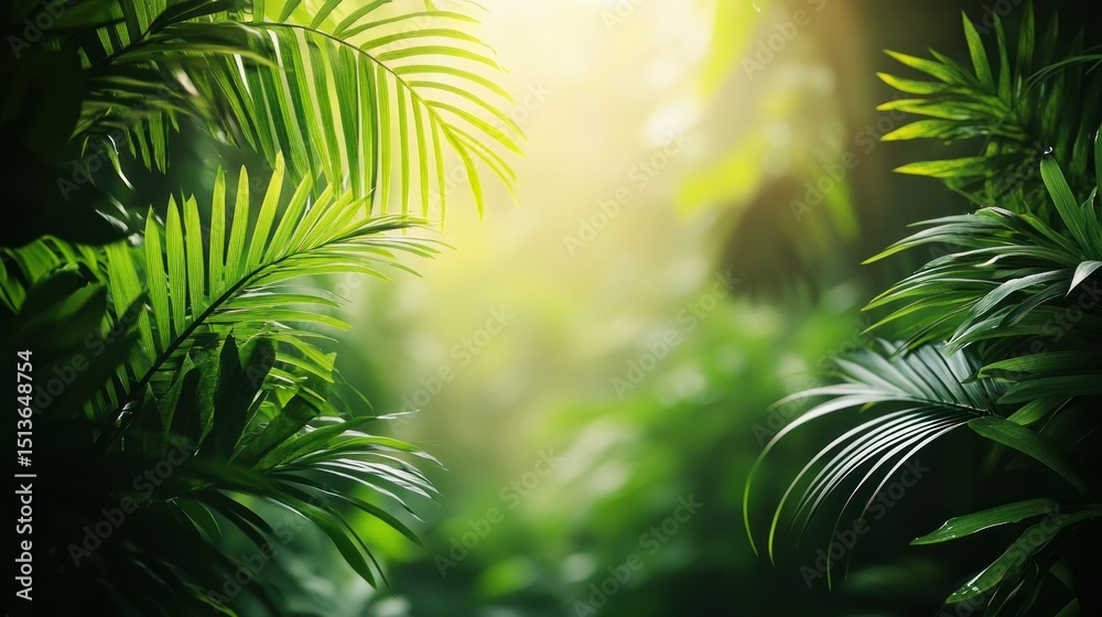 Obraz premium Lush jungle foliage, sunlight filtering through