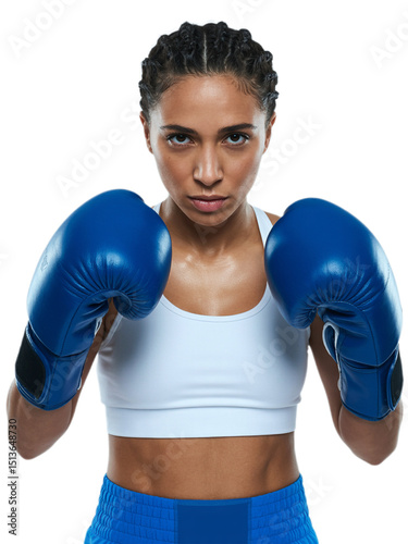 Female Boxer with Braids Wearing Blue Boxing Gloves on Transparent Background photo