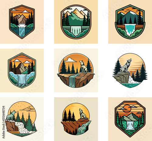 Nature Illustrations Mountain Waterfall And Wolf Howling Wildlife Vector Badges Set