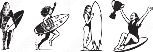 Female surfers celebrating and preparing, Women surf victory pose and warmup