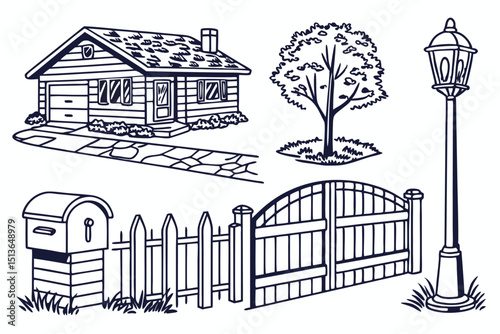 Vector doodle set of outdoor real estate features eps