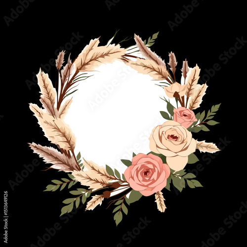 Bohemian floral wreath: A delicate and artistic wreath, composed of fluffy pampas grass and tender roses, framing an inviting space,perfect for adding a touch of beauty.
