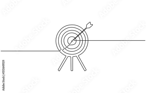 Target with an arrow hitting the center, one continuous line illustration. Continuous line drawing of archery target, The arrow on in target circle is vector linear illustration.