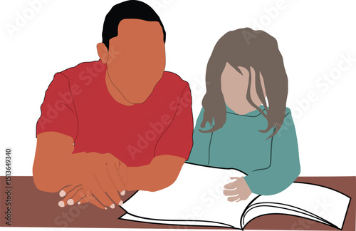 Father and daughter reading a book together at the desk, concept of family bonding, education, learning at home, parenting, child support, schoolwork, and student development