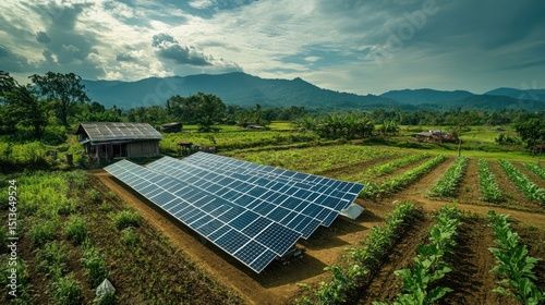 Solar panels in rural agricultural landscape for clean energy generation