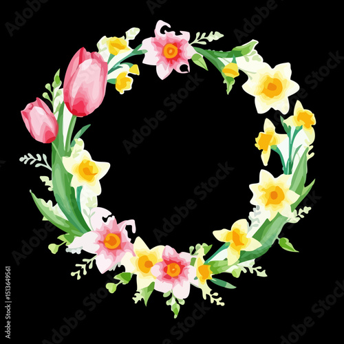 Floral Wreath of Spring: A beautiful floral wreath, meticulously crafted with radiant tulips and daffodils, bringing the freshness of springtime.
