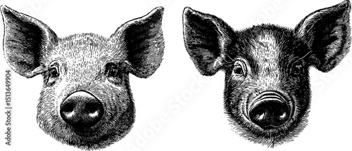 Detailed engraving of pig heads for vintage design and art projects